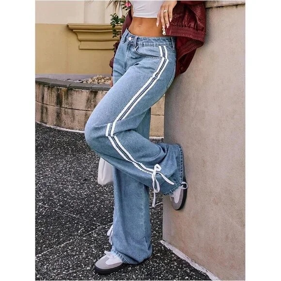 Women's Wide Leg Denim Jeans Light Wash High Waist Side Stripe Pockets - Picture 2 of 5